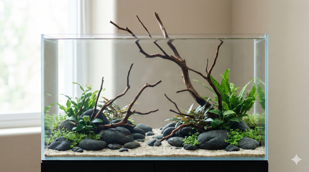 Aquascaping débutant avec aquarium naturel minimaliste, roches et racines disposées en profondeur, plantes aquatiques faciles et éclairage doux
