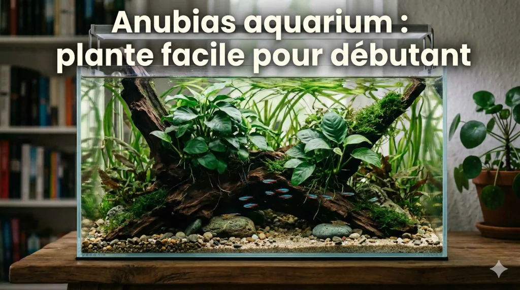 Plante anubias aquarium fixée sur racine dans un bac planté