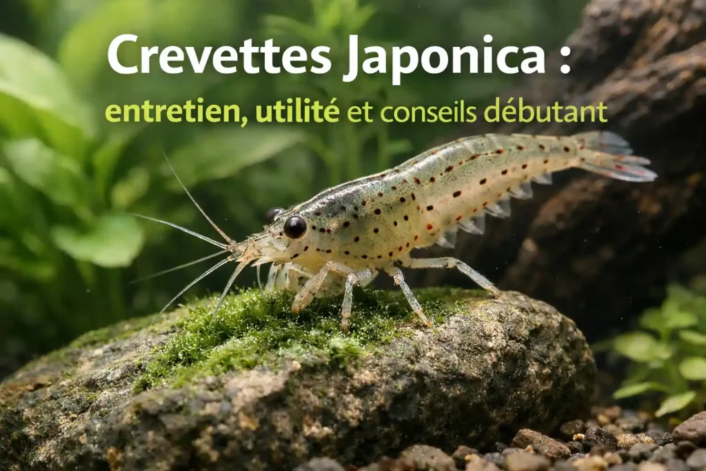 Crevette japonica sur décor d’aquarium avec algues fines