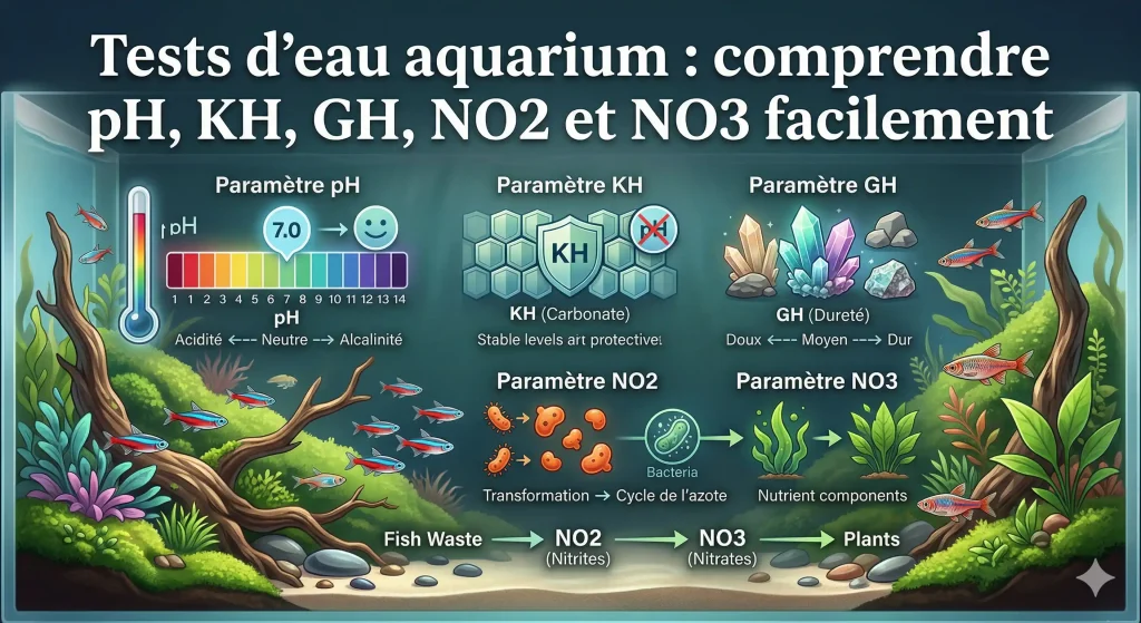 Tests d’eau aquarium pour mesurer pH KH GH nitrites et nitrates