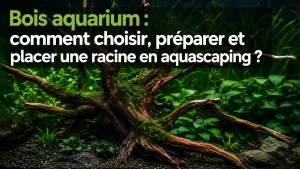 Bois aquarium type Spider Wood placé en hardscape avec mousse de Java