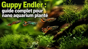 Banc de Guppy Endler colorés dans un nano aquarium planté