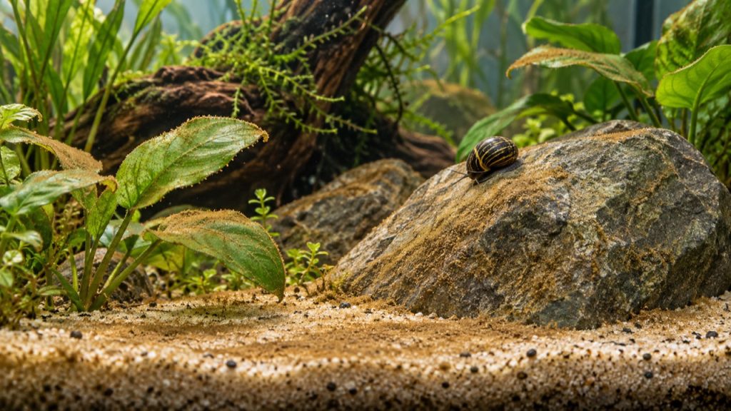 Dépôt d’algues brunes sur le sable et une pierre dans un aquarium récent