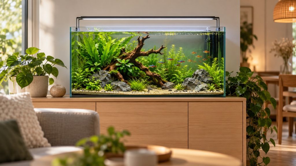 Aquarium planté de 60 litres sur un meuble dans un salon