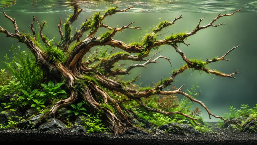 Racine de bois ramifiée dans un aquascape
