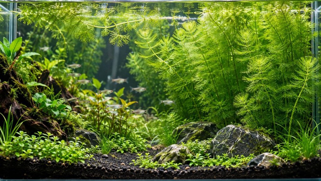 Tiges de Ceratophyllum (cornifle) dans un aquarium planté