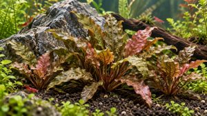 Touffe de Cryptocoryne au premier plan d’un aquarium planté