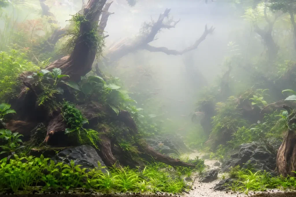 Aquarium planté à l’eau trouble et laiteuse