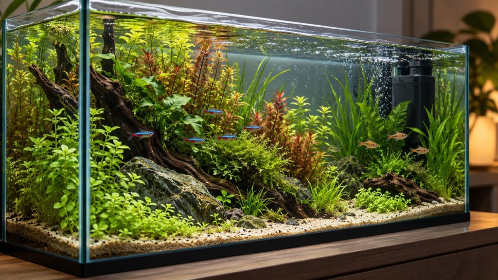 Filtre intérieur discret dans un aquarium planté de 60 litres