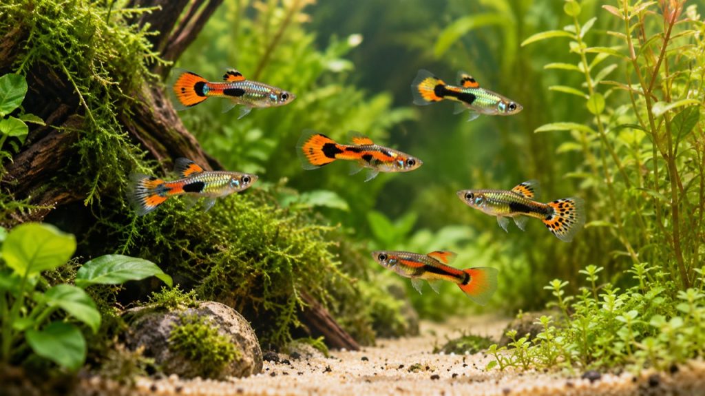 Petits guppys Endler colorés dans un aquarium planté