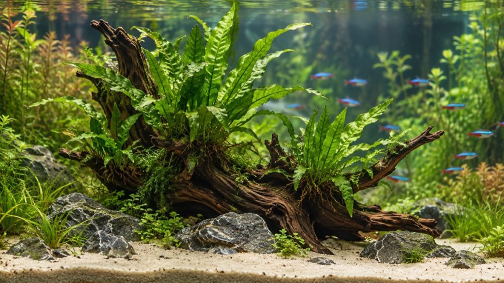 Fougère de Java (Microsorum) fixée sur une racine dans un aquarium planté