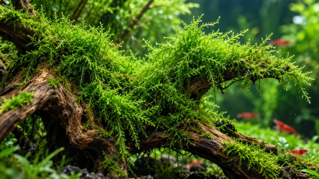 Racine couverte de mousse de Java dans un aquarium planté