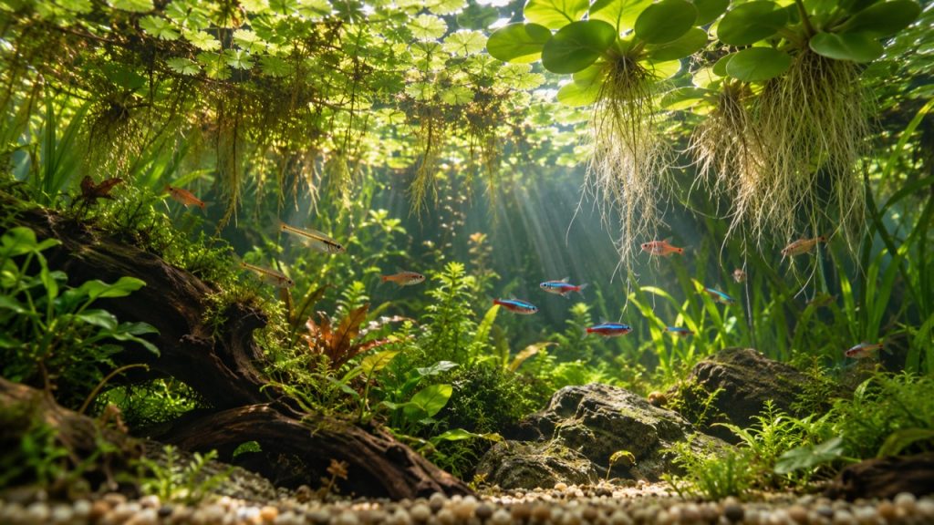 Plantes flottantes à la surface d’un aquarium planté
