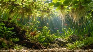 Plantes flottantes à la surface d’un aquarium planté