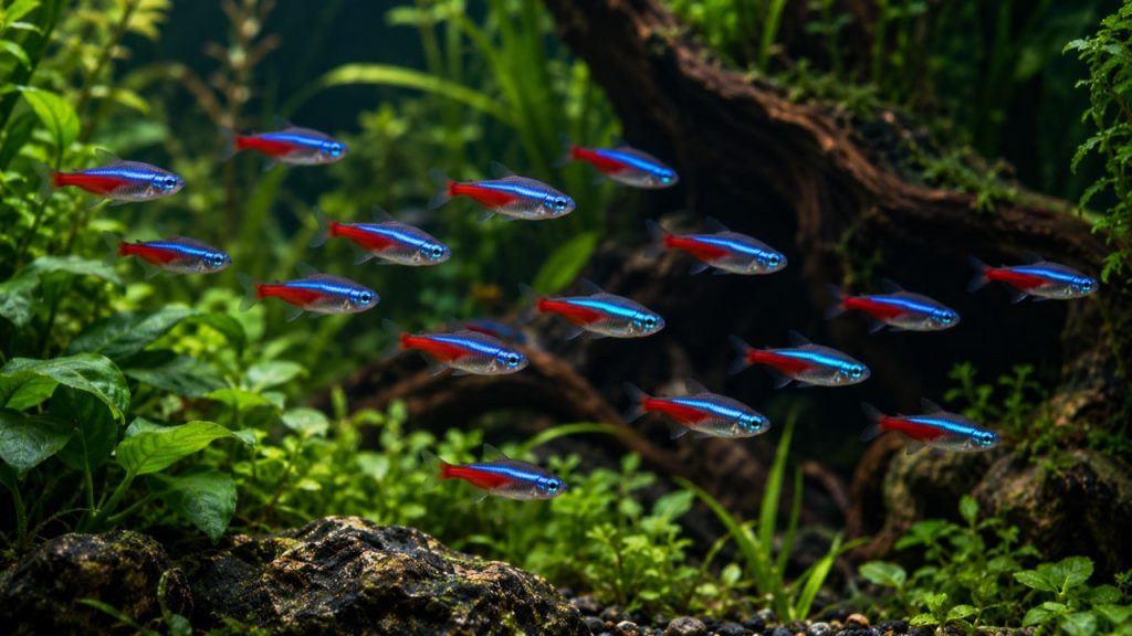 Banc de néons bleus dans un aquarium planté