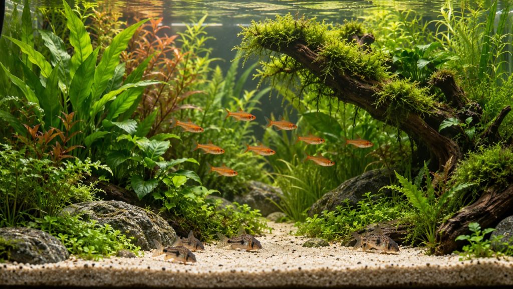 Petit banc de poissons et corydoras dans un aquarium planté de 60 litres